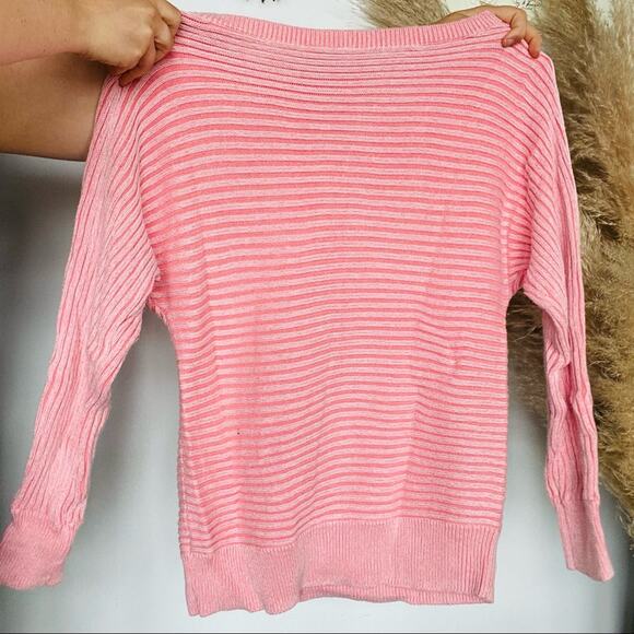 GAP Blush Soft Pink Stripe Knit Long Sleeve Boat Wide Neck Pullover Sweater M - Picture 8 of 9